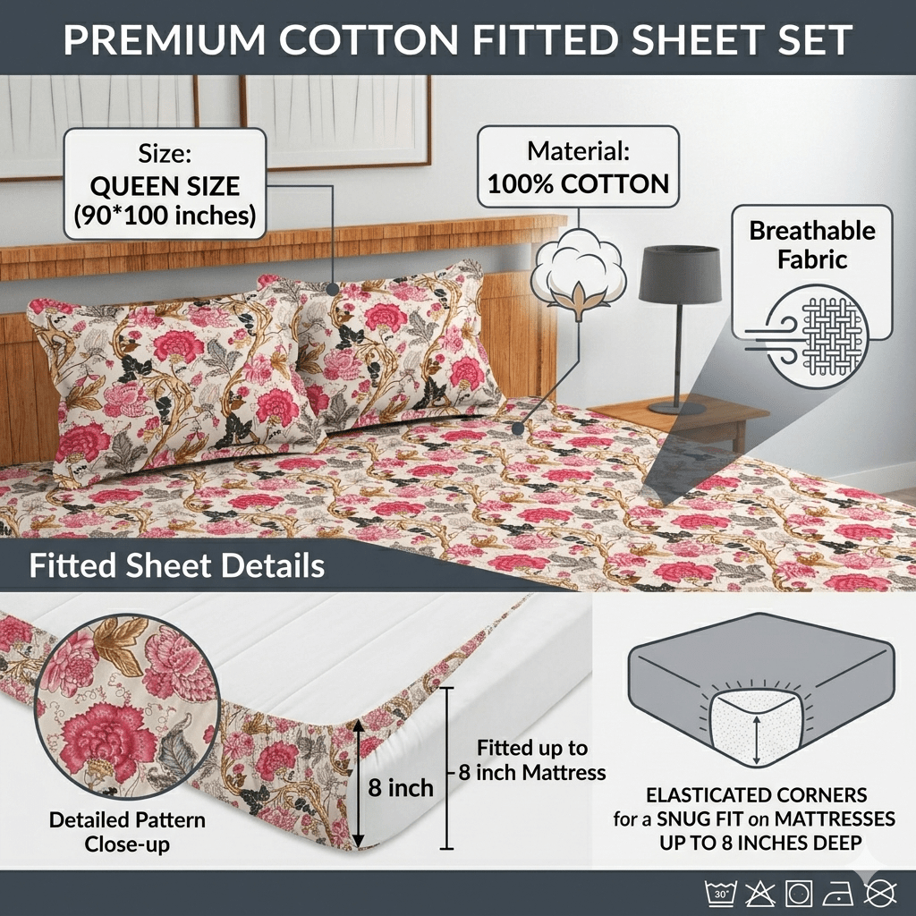 Amoha Decor Premium Cotton Fitted Bedsheet Queen Size 90×100 Inches with Elastic - Amoha Decor