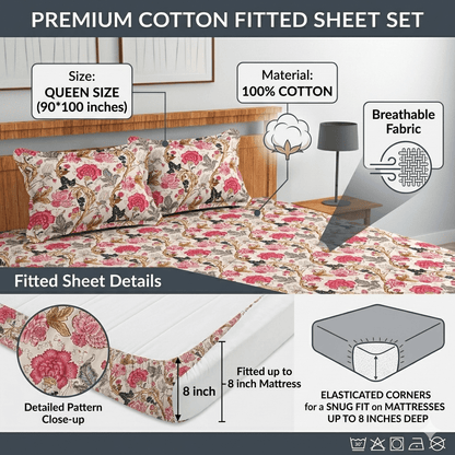 Amoha Decor Premium Cotton Fitted Bedsheet Queen Size 90×100 Inches with Elastic - Amoha Decor