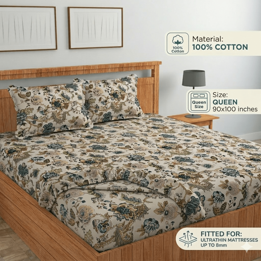 Amoha Decor Queen Size Cotton Fitted Bedsheet – Floral Print | 90×100 Inches | 8 Inch Mattress - Amoha Decor