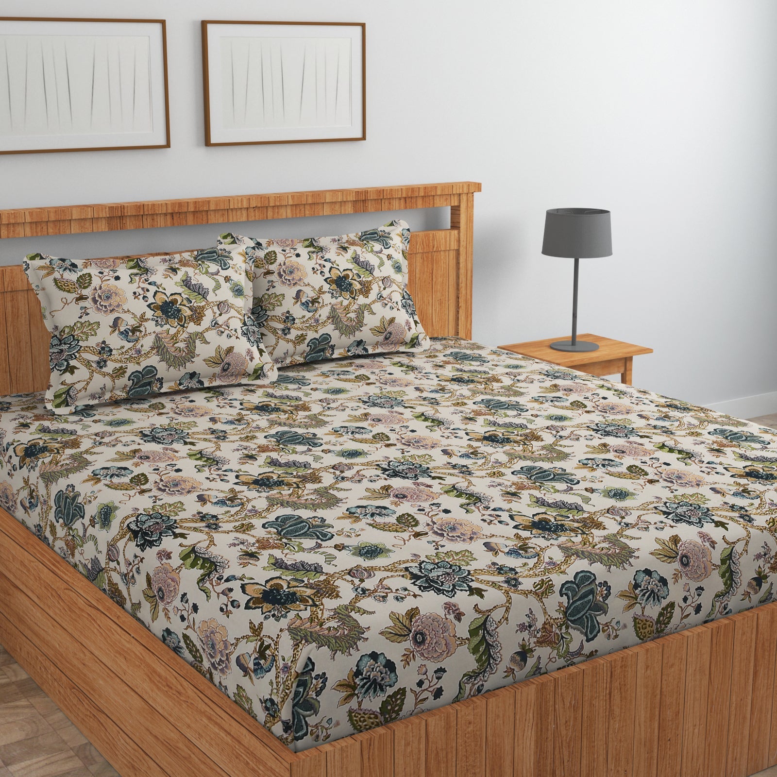 Amoha Decor Queen Size Cotton Fitted Bedsheet – Floral Print | 90×100 Inches | 8 Inch Mattress - Amoha Decor