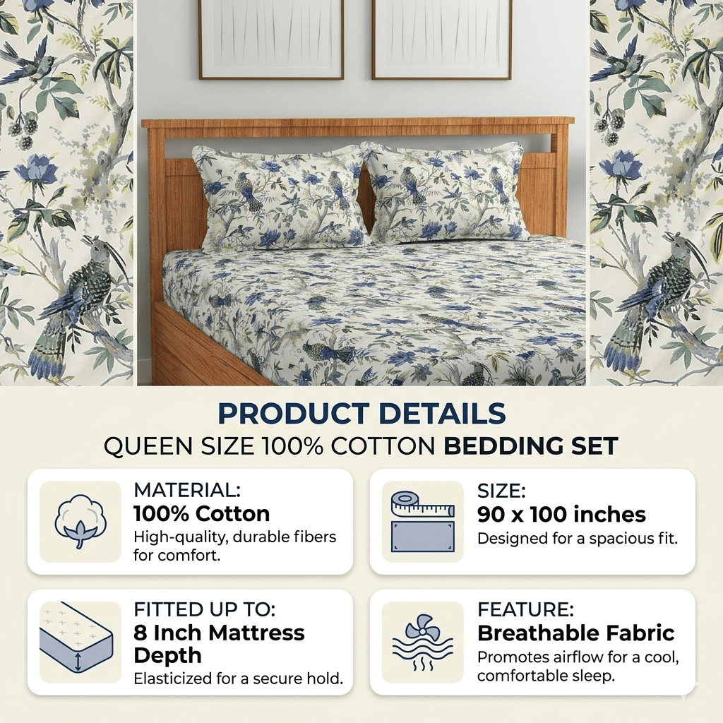 Amoha Decor Queen Size Cotton Mattress Fitted Bedsheet Set with 2 Pillow Covers – 90×100 Inches - Amoha Decor