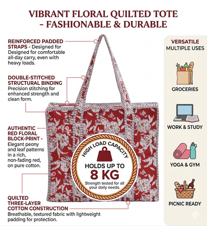 Amoha decor Quilted Cotton Floral Tote Bag – Large Reusable Shopping & Storage Bag - Amoha Decor