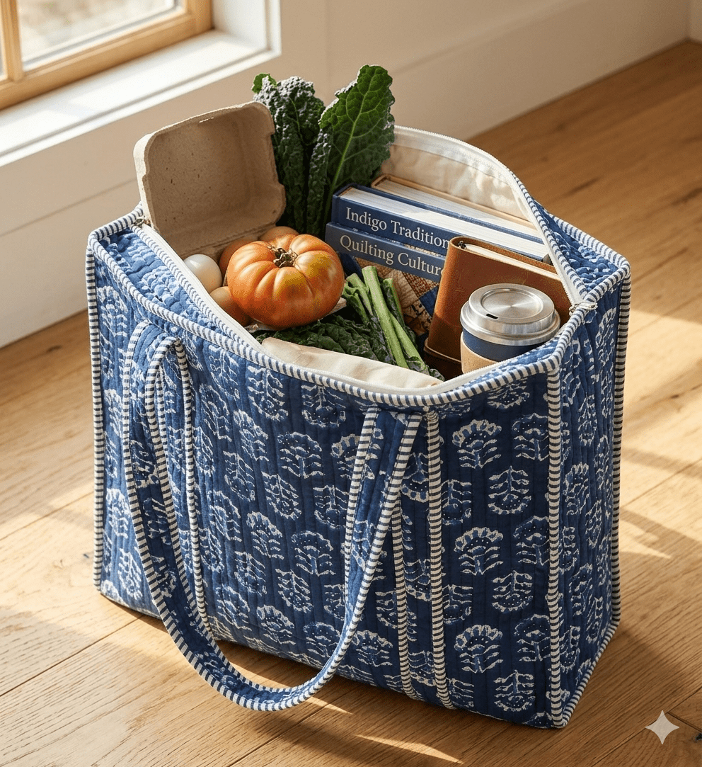 Amoha Decor Quilted Cotton Tote Bag for Women – Blue Safari Print Laptop Handbag - Amoha Decor
