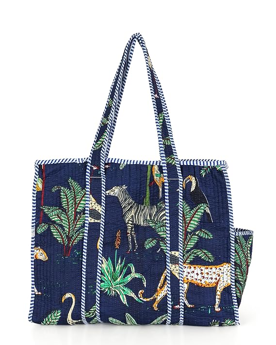 Amoha Decor Quilted Cotton Tote Bag for Women – Blue Safari Print Laptop Handbag - Amoha Decor