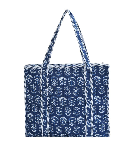 Amoha Decor Quilted Cotton Tote Bag for Women – Blue Safari Print Laptop Handbag - Amoha Decor