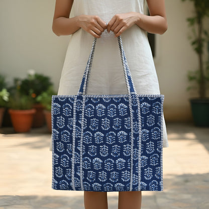 Amoha Decor Quilted Cotton Tote Bag for Women – Blue Safari Print Laptop Handbag - Amoha Decor