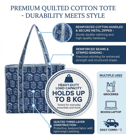 Amoha Decor Quilted Cotton Tote Bag for Women – Blue Safari Print Laptop Handbag - Amoha Decor