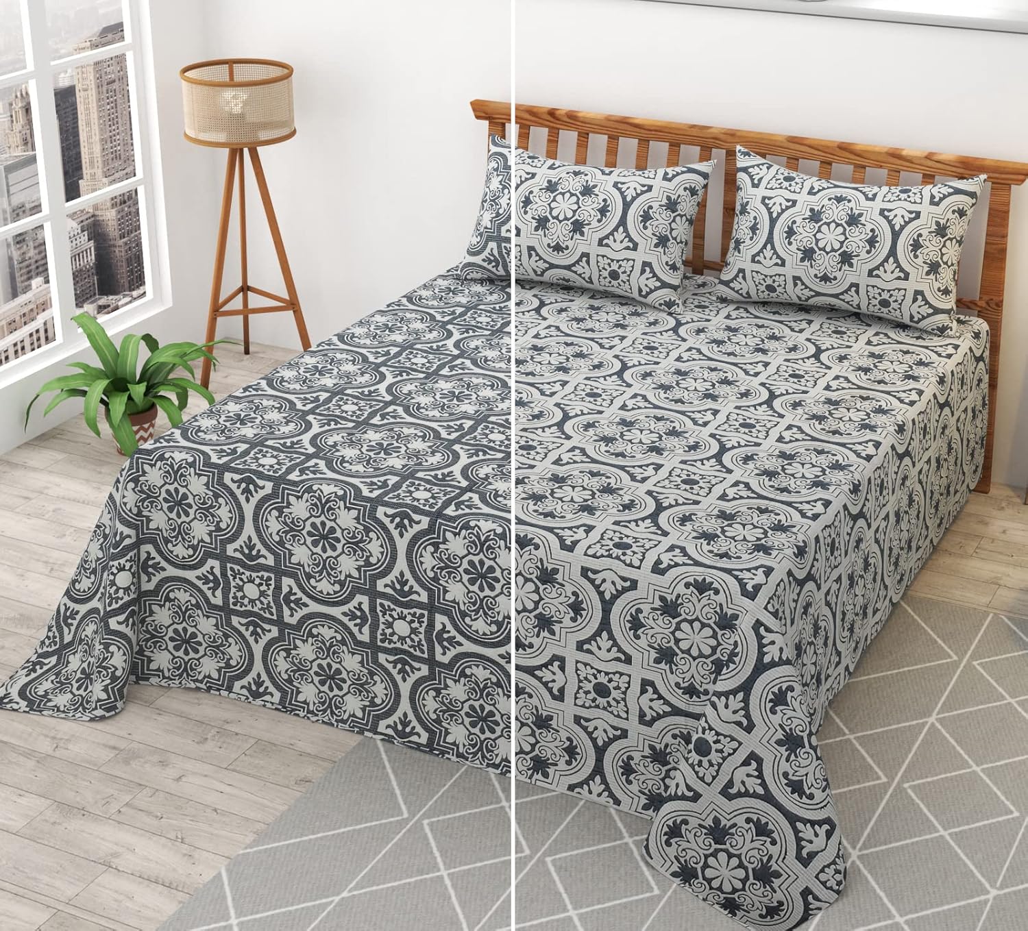 Amoha Decor Reversible Cotton Bedsheet – Emerald Green Dual Print – Queen Size - Amoha Decor