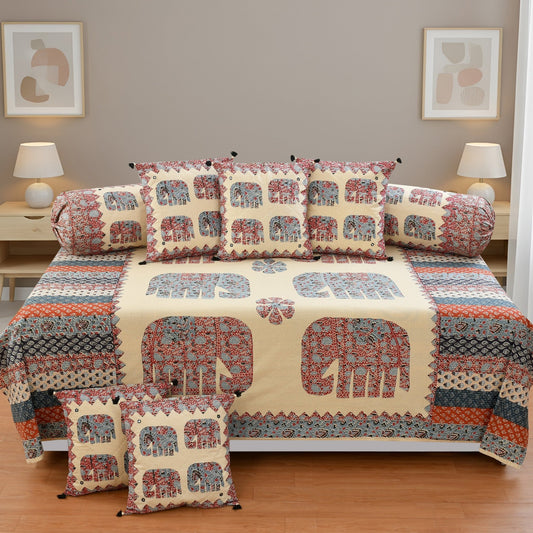 Amoha Decor Traditional Elephant Print Cotton Diwan Set – 8 Piece Sofa Cover Set - Amoha Decor