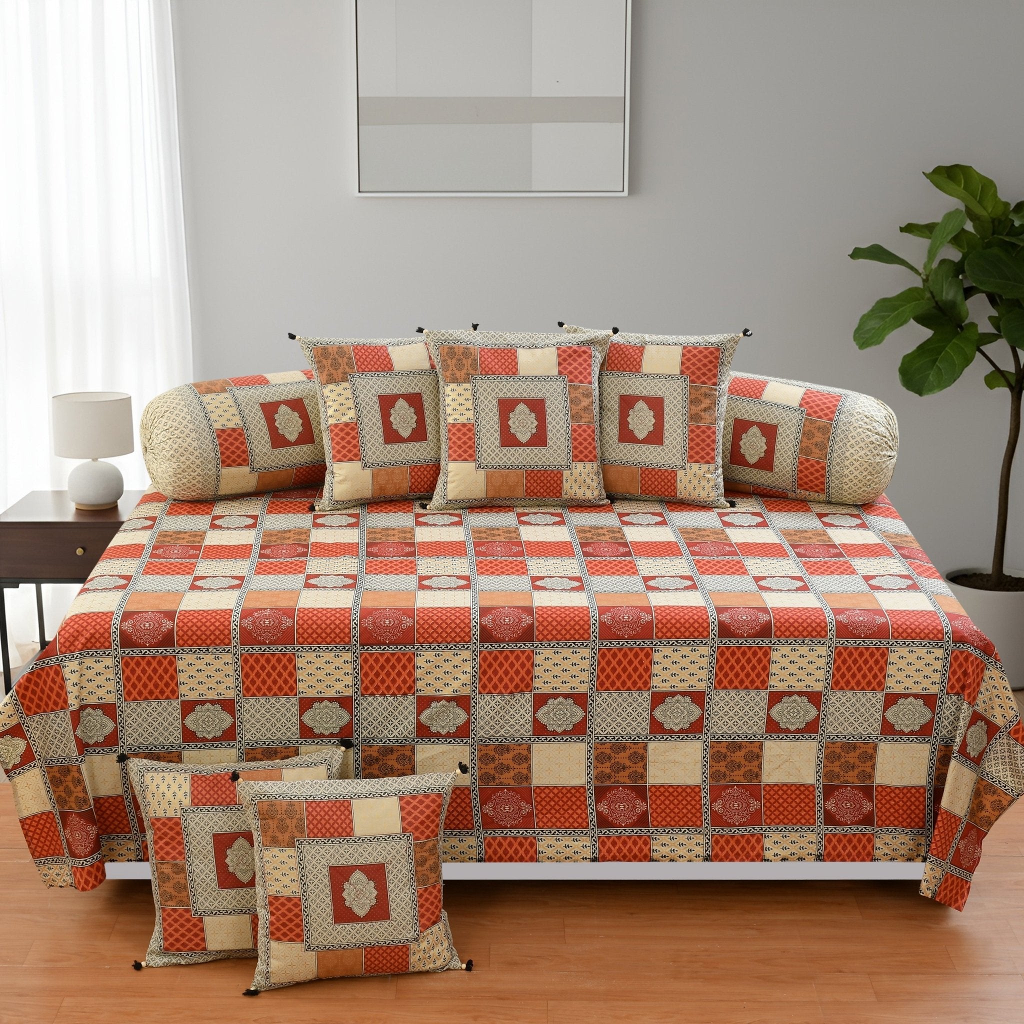 Amoha Decor Traditional Patchwork Cotton Diwan Set – 1 Bedsheet, 5 Cushion Covers & 2 Bolster Covers - Amoha Decor