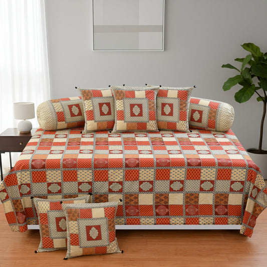 Amoha Decor Traditional Patchwork Cotton Diwan Set – 1 Bedsheet, 5 Cushion Covers & 2 Bolster Covers - Amoha Decor