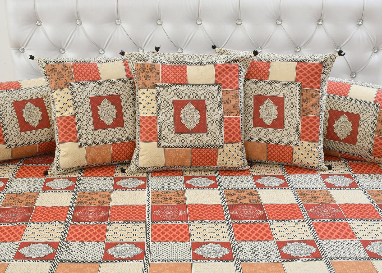 Amoha Decor Traditional Patchwork Cotton Diwan Set – 1 Bedsheet, 5 Cushion Covers & 2 Bolster Covers - Amoha Decor
