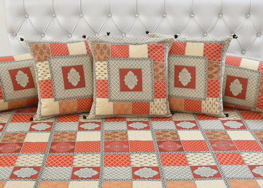 Amoha Decor Traditional Patchwork Cotton Diwan Set – 1 Bedsheet, 5 Cushion Covers & 2 Bolster Covers - Amoha Decor