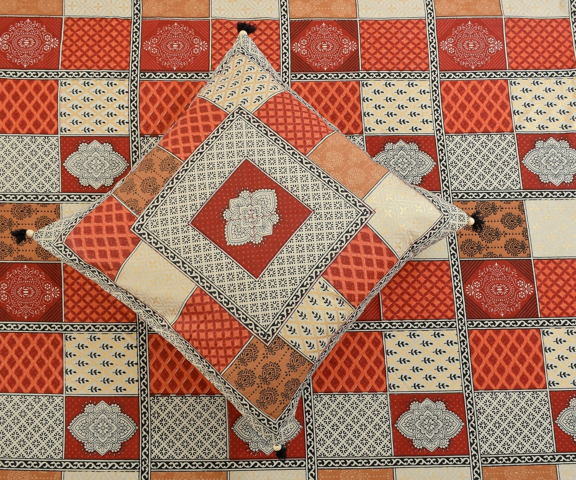 Amoha Decor Traditional Patchwork Cotton Diwan Set – 1 Bedsheet, 5 Cushion Covers & 2 Bolster Covers - Amoha Decor