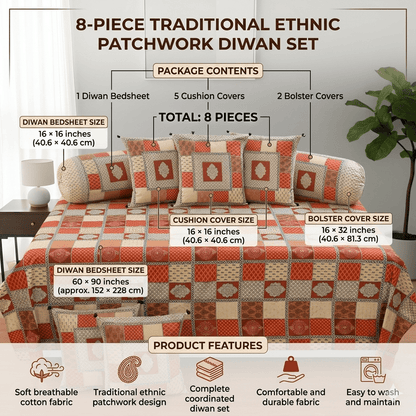 Amoha Decor Traditional Patchwork Cotton Diwan Set – 1 Bedsheet, 5 Cushion Covers & 2 Bolster Covers - Amoha Decor