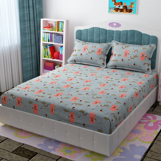 Bear Printed Cartoon Kids Cotton Bedsheet Set with 2 Pillow Covers – Queen Size 90×100 - Amoha Decor