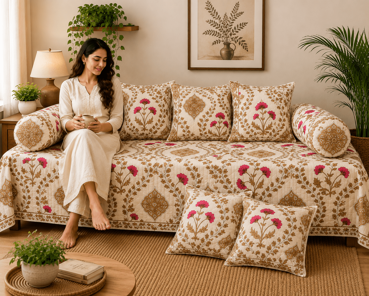 Beige Floral Cotton Diwan Set – 8-Piece Living Room Set - Amoha Decor