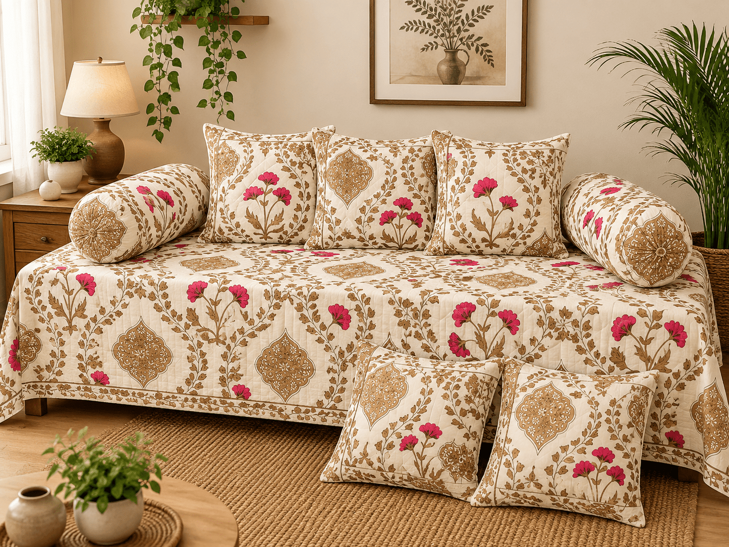 Beige Floral Cotton Diwan Set – 8-Piece Living Room Set - Amoha Decor