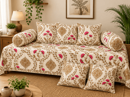 Beige Floral Cotton Diwan Set – 8-Piece Living Room Set - Amoha Decor