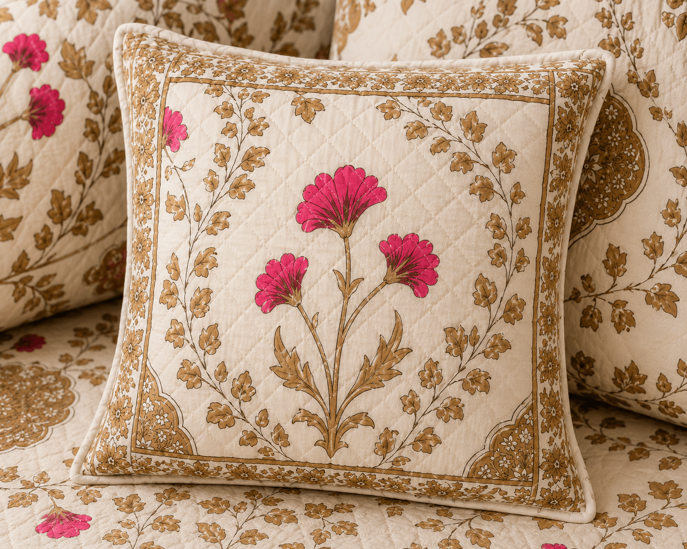 Beige Floral Cotton Diwan Set – 8-Piece Living Room Set - Amoha Decor
