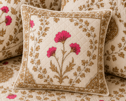 Beige Floral Cotton Diwan Set – 8-Piece Living Room Set - Amoha Decor