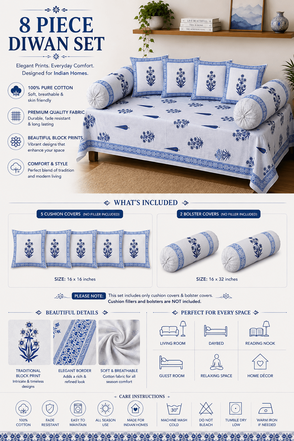 Blue Floral Cotton Diwan Set – 8-Piece Living Room Set - Amoha Decor