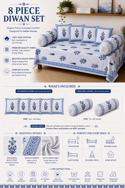 Blue Floral Cotton Diwan Set – 8-Piece Living Room Set - Amoha Decor