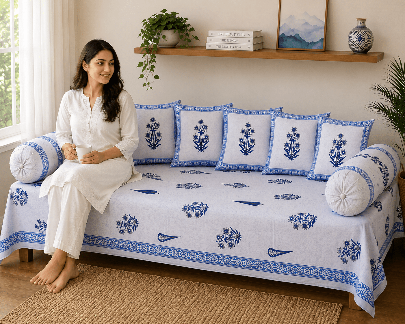 Blue Floral Cotton Diwan Set – 8-Piece Living Room Set - Amoha Decor