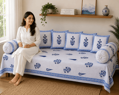 Blue Floral Cotton Diwan Set – 8-Piece Living Room Set - Amoha Decor
