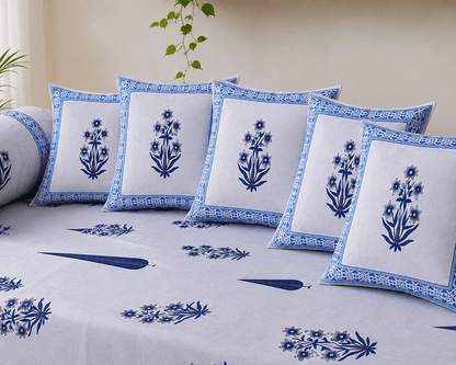 Blue Floral Cotton Diwan Set – 8-Piece Living Room Set - Amoha Decor