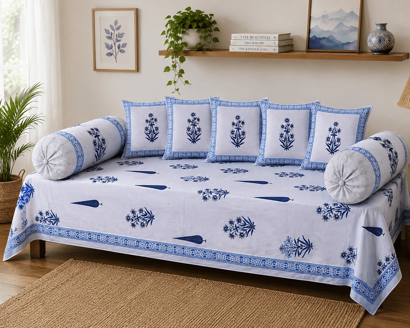 Blue Floral Cotton Diwan Set – 8-Piece Living Room Set - Amoha Decor