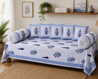 Blue Floral Cotton Diwan Set – 8-Piece Living Room Set - Amoha Decor