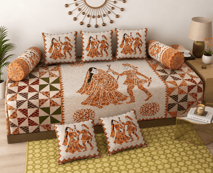 Cotton Diwan Set – Traditional Rajasthani Folk Print 8 Piece Diwan Cover Set By Amoha Decor - Amoha Decor