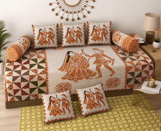 Cotton Diwan Set – Traditional Rajasthani Folk Print 8 Piece Diwan Cover Set By Amoha Decor - Amoha Decor