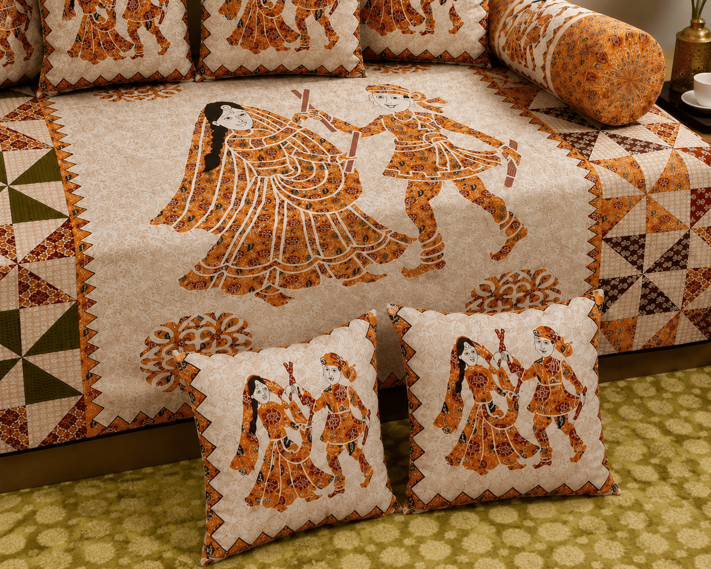 Cotton Diwan Set – Traditional Rajasthani Folk Print 8 Piece Diwan Cover Set By Amoha Decor - Amoha Decor