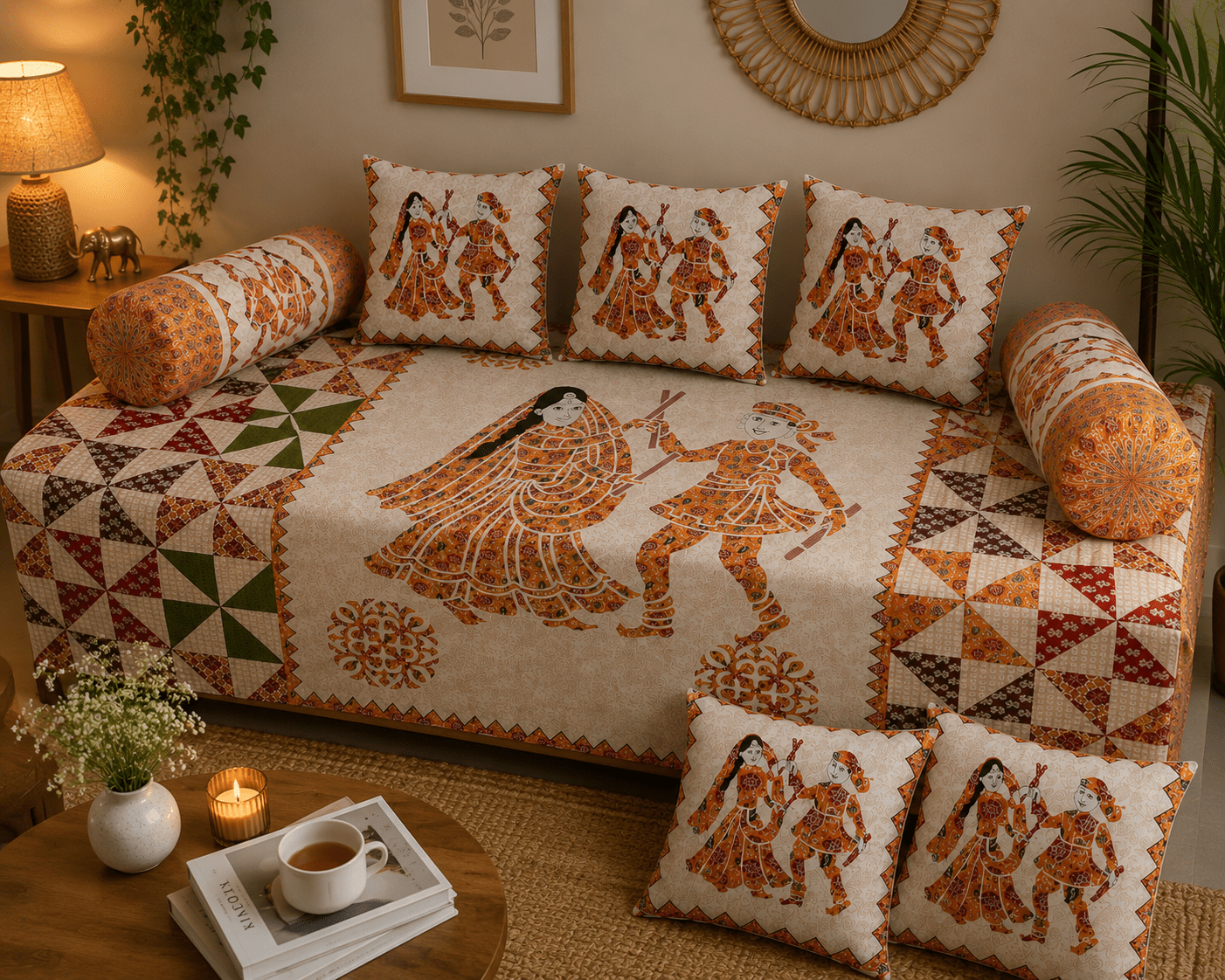 Cotton Diwan Set – Traditional Rajasthani Folk Print 8 Piece Diwan Cover Set By Amoha Decor - Amoha Decor