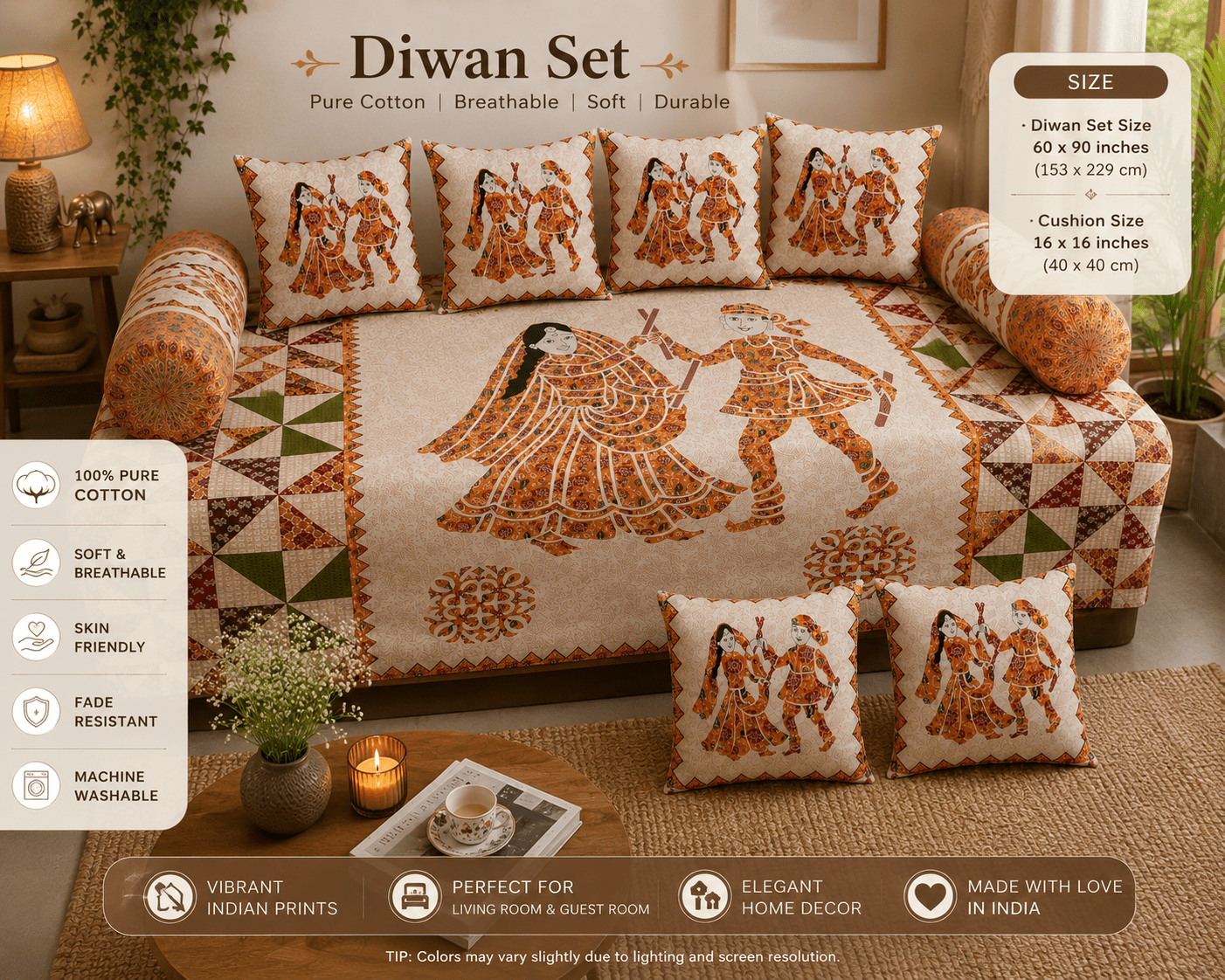Cotton Diwan Set – Traditional Rajasthani Folk Print 8 Piece Diwan Cover Set By Amoha Decor - Amoha Decor