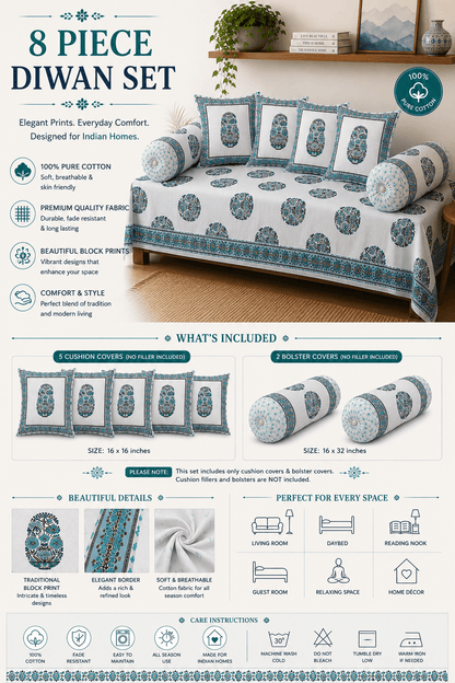 Elegant Blue Paisley Cotton Diwan Set – 8-Piece Living Room Set - Amoha Decor