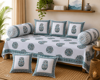Elegant Blue Paisley Cotton Diwan Set – 8-Piece Living Room Set - Amoha Decor