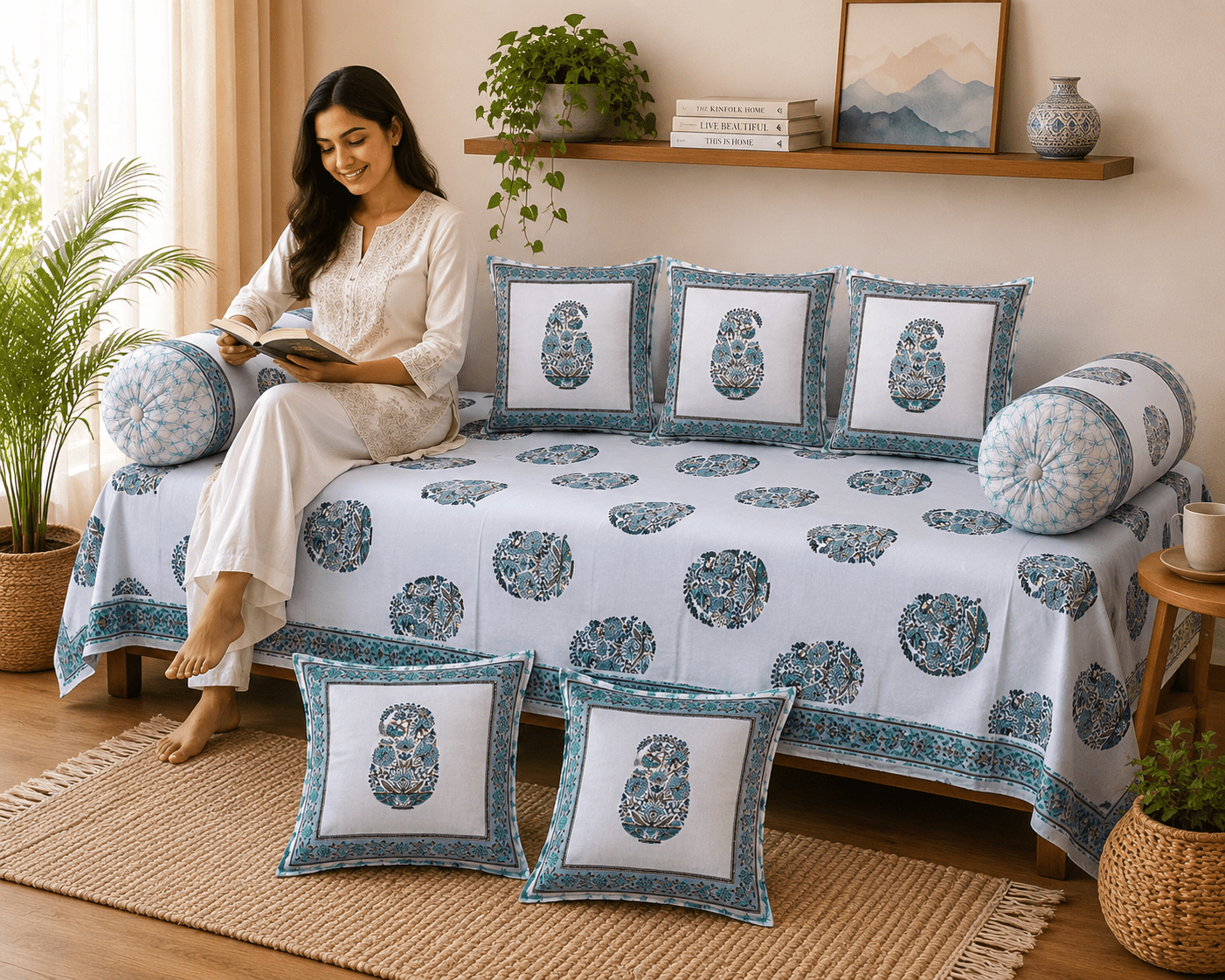Elegant Blue Paisley Cotton Diwan Set – 8-Piece Living Room Set - Amoha Decor