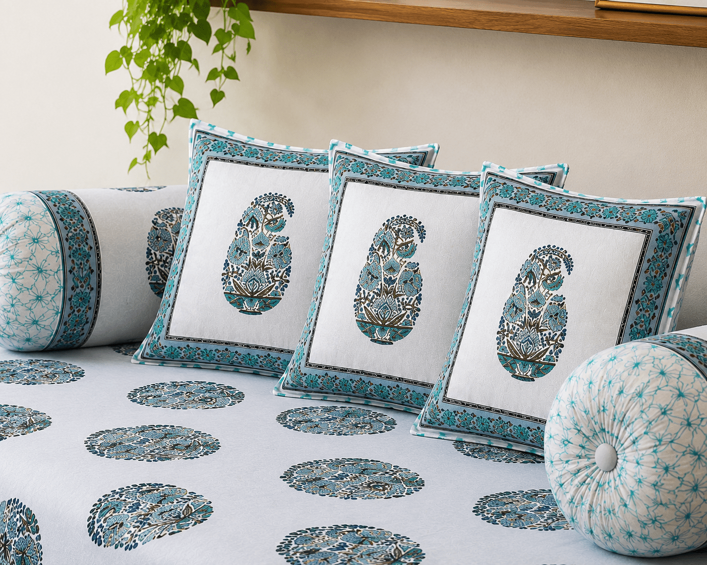 Elegant Blue Paisley Cotton Diwan Set – 8-Piece Living Room Set - Amoha Decor