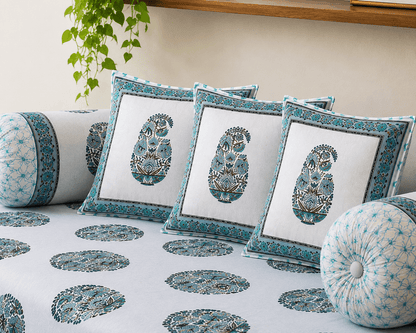 Elegant Blue Paisley Cotton Diwan Set – 8-Piece Living Room Set - Amoha Decor