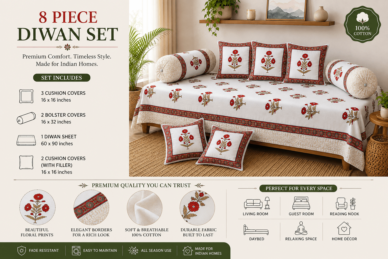 Elegant Floral Cotton Diwan Set – 8-Piece Living Room Set - Amoha Decor