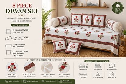 Elegant Floral Cotton Diwan Set – 8-Piece Living Room Set - Amoha Decor