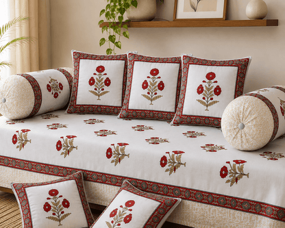 Elegant Floral Cotton Diwan Set – 8-Piece Living Room Set - Amoha Decor