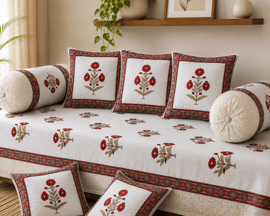 Elegant Floral Cotton Diwan Set – 8-Piece Living Room Set - Amoha Decor