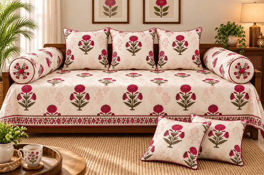 Elegant Floral Cotton Diwan Set – 8-Piece Living Room Set - Amoha Decor