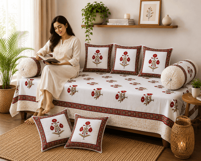 Elegant Floral Cotton Diwan Set – 8-Piece Living Room Set - Amoha Decor