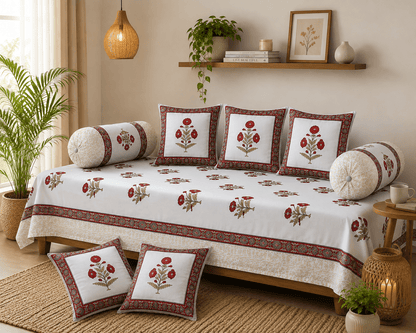 Elegant Floral Cotton Diwan Set – 8-Piece Living Room Set - Amoha Decor