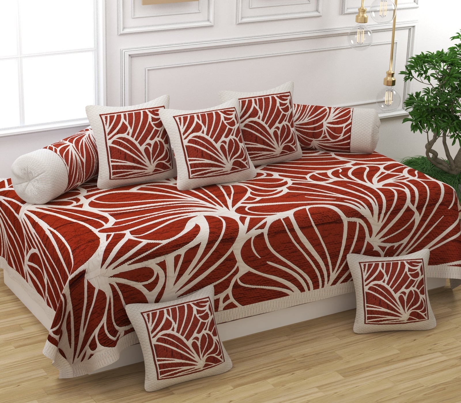 Home Luv Pure Cotton Printed Diwan Set | 60×90 Inches with 5 Matching Cushion Covers | Soft & Durable Living Room Décor Set - Homeluv